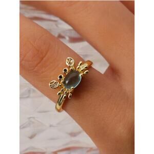 Gold Crab Ring with Blue Oval Gemstone–Adjustable Animal Design Crystal Accents
